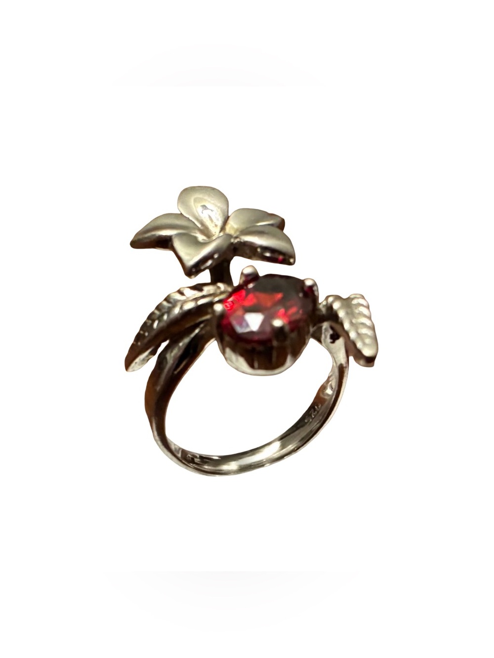 .925 Silver  Floral Ring with Red Ruby Gemstone